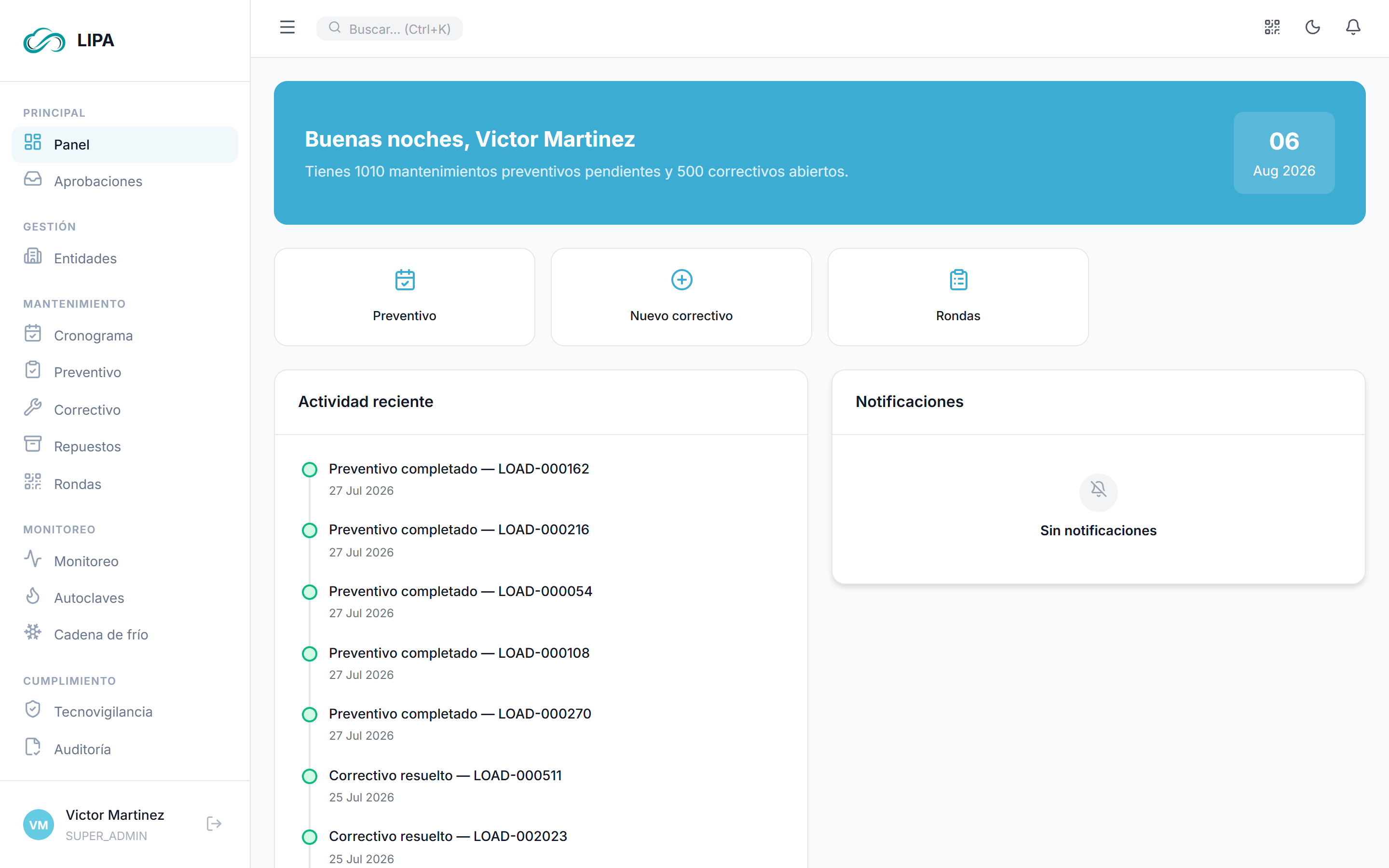 Dashboard real de LIPA con indicadores de mantenimiento