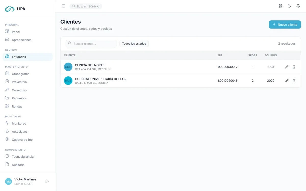 Clientes y sedes en LIPA: Gestión multi-cliente y multi-sede con inventario de equipos por institución.