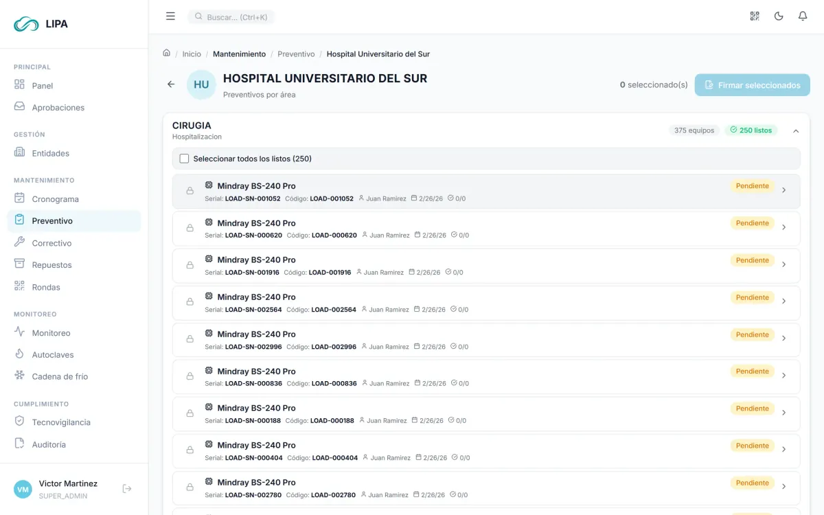 Preventivos por área en LIPA: Órdenes de trabajo agrupadas por servicio, con estado, responsable y firma digital.