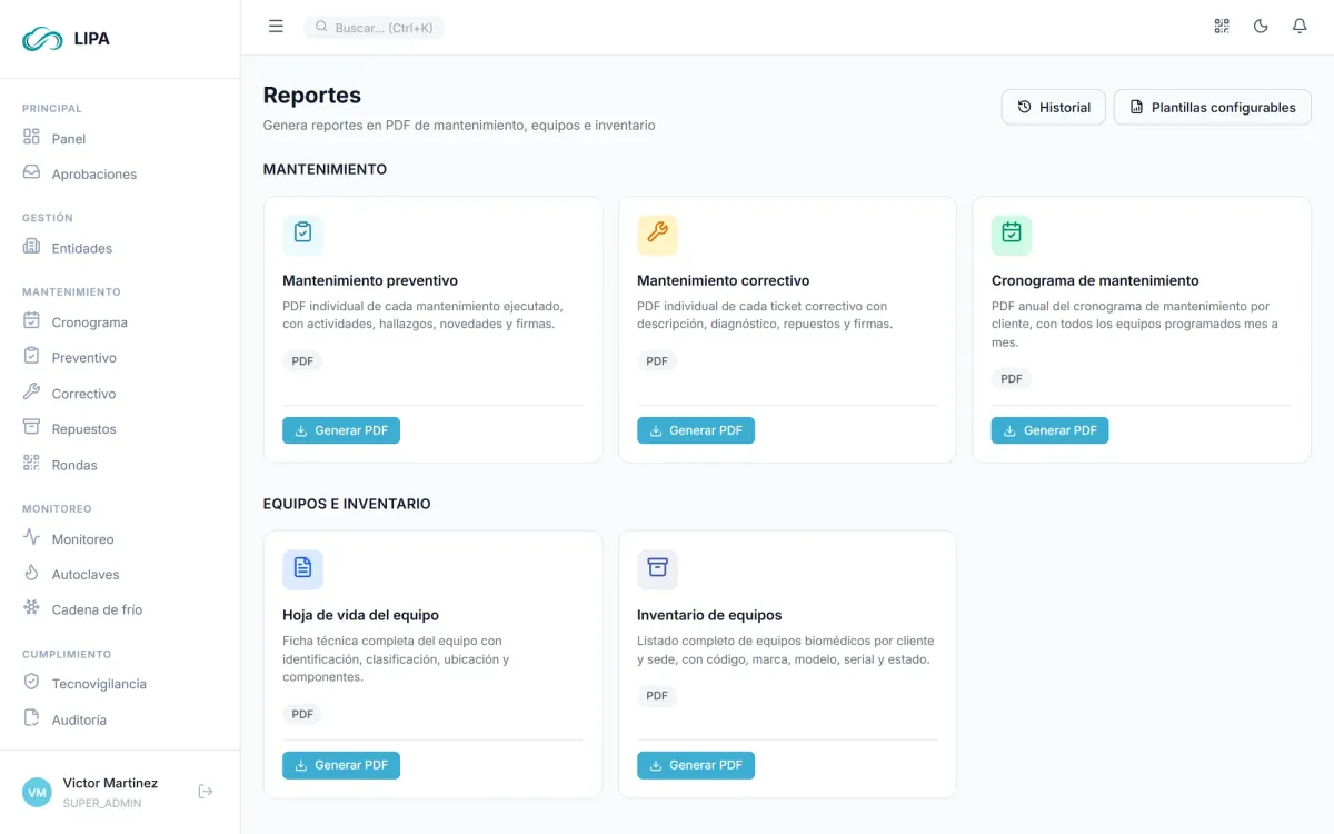 Centro de reportes en LIPA: Hojas de vida, cronogramas e inventarios en PDF, listos para entes de control.